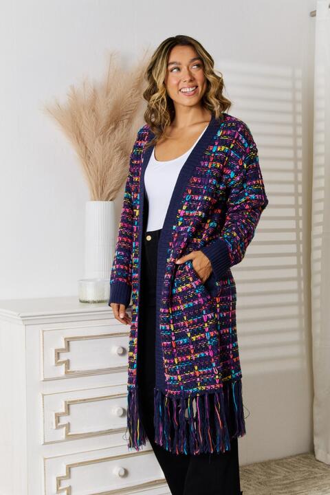 Multicolor Fringe Hem Open Front Cardigan