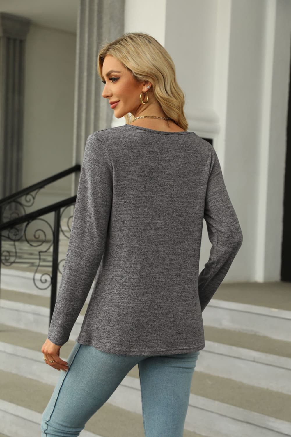 Full Size Square Neck Long Sleeve Slit T-Shirt