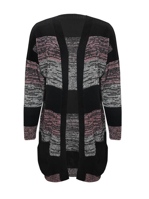 Striped Open Front Black Long Sleeve Cardigan with Pockets