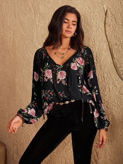 Women's CallistaAnn Flower Printed Tie Neck Long Sleeve Blouse