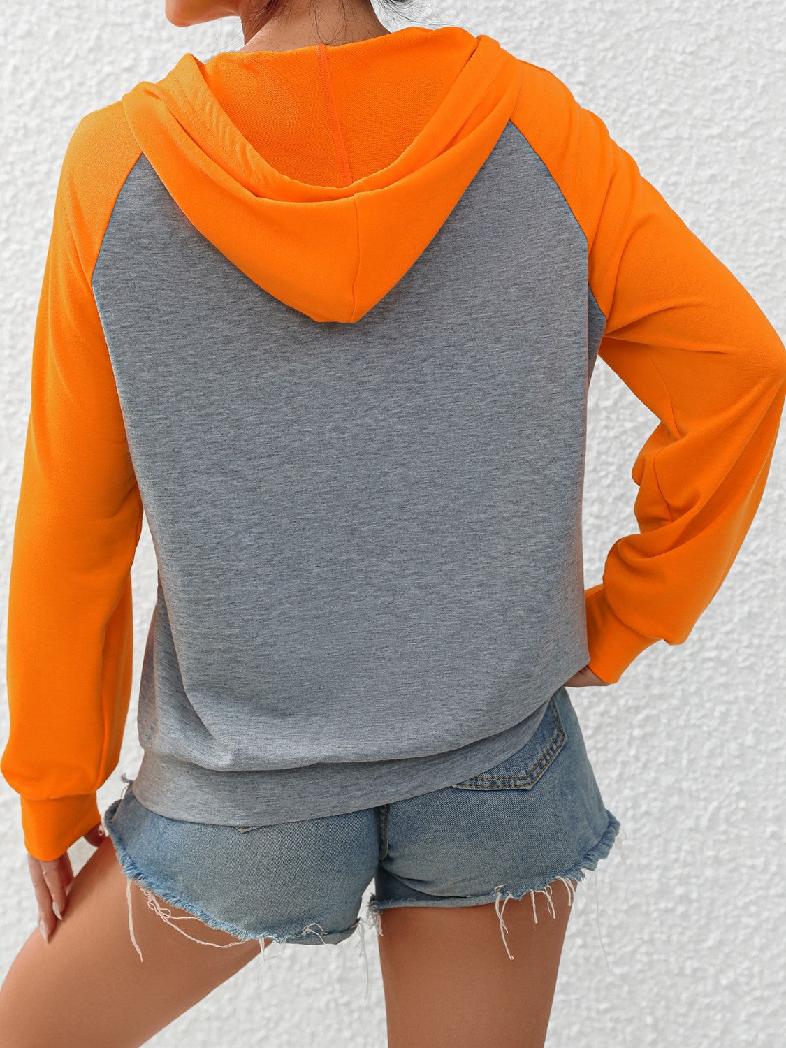 Full Size Contrast Raglan Sleeve Drawstring Hoodie