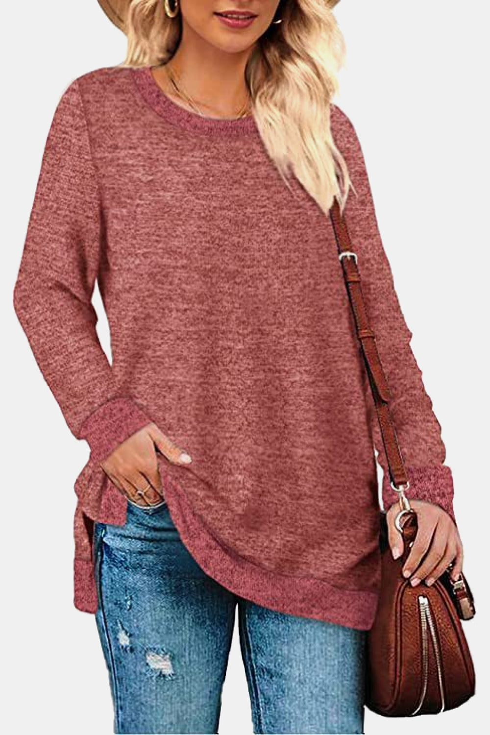 Full Size Round Neck Long Sleeve Slit T-Shirt