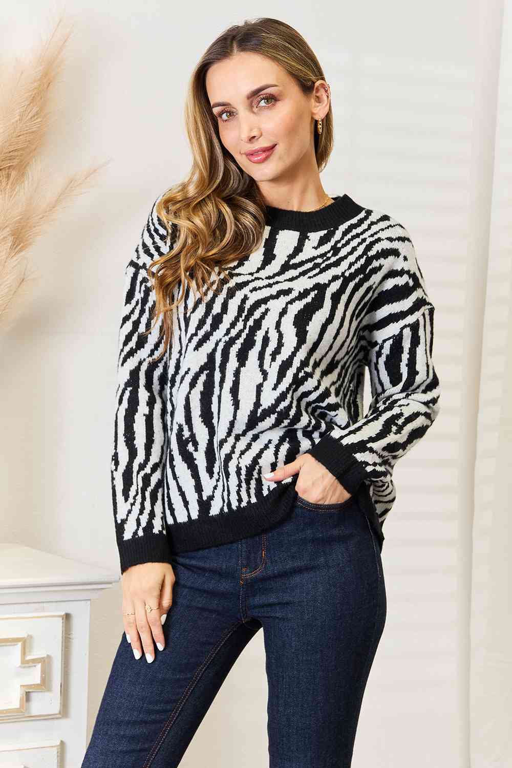 Heimsih Full Size Zebra Print Sweater