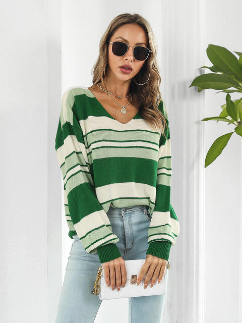 Striped V-Neck Long Sleeve Knit Top