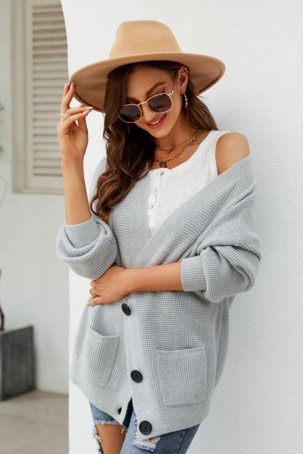 SkyMarie Waffle-Knit Dropped Shoulder Cardigan