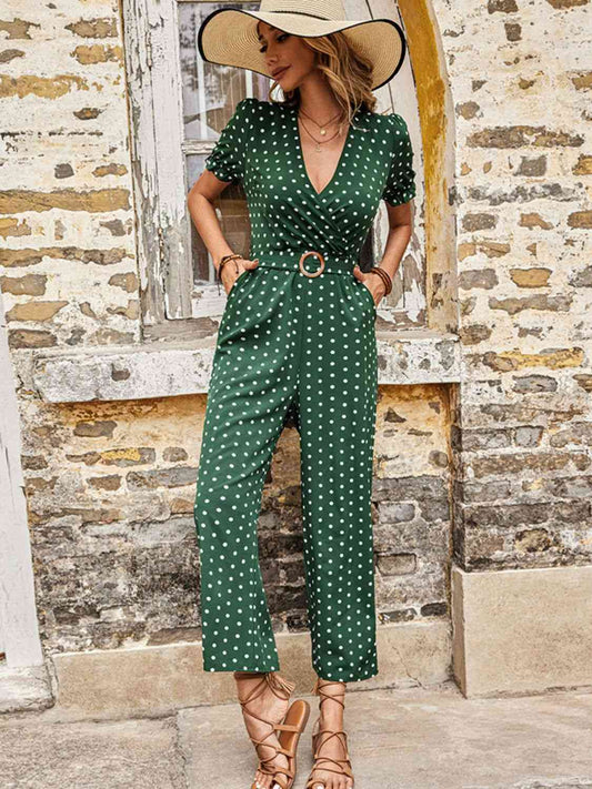 BeautifyJumpers Polka Dot Belted Flounce Sleeve Jumpsuit with Pockets