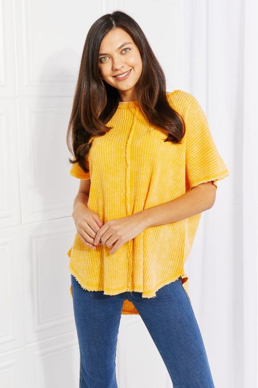 Women's Zenana Start Small Washed Waffle Knit Short Sleeve Top in Yellow Gold