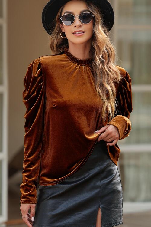 Trylynn Chestnut Brown Round Neck Puff Sleeve Velvet Blouse