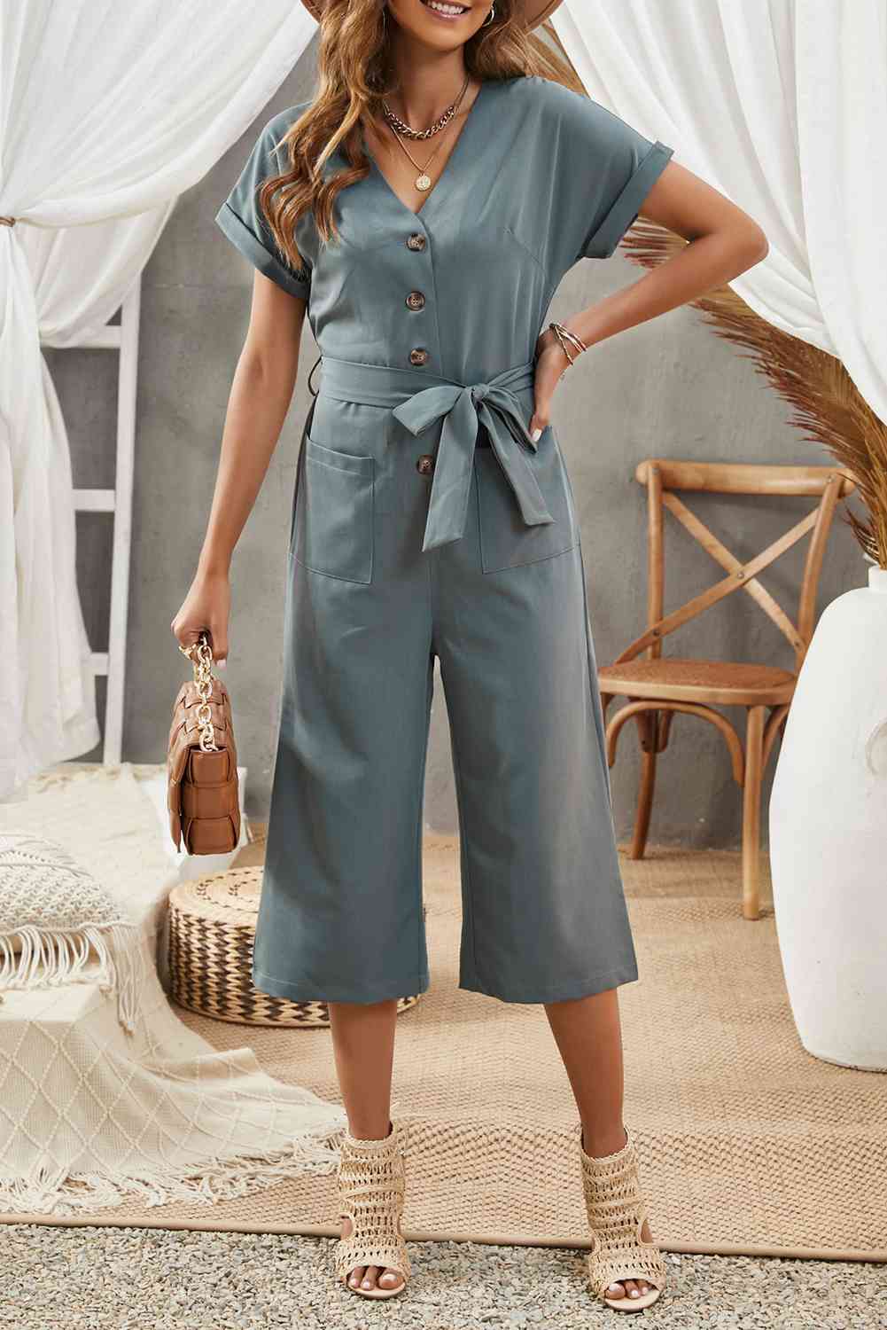 DuskJumpers Tie-Waist Buttoned Cropped Jumpsuit