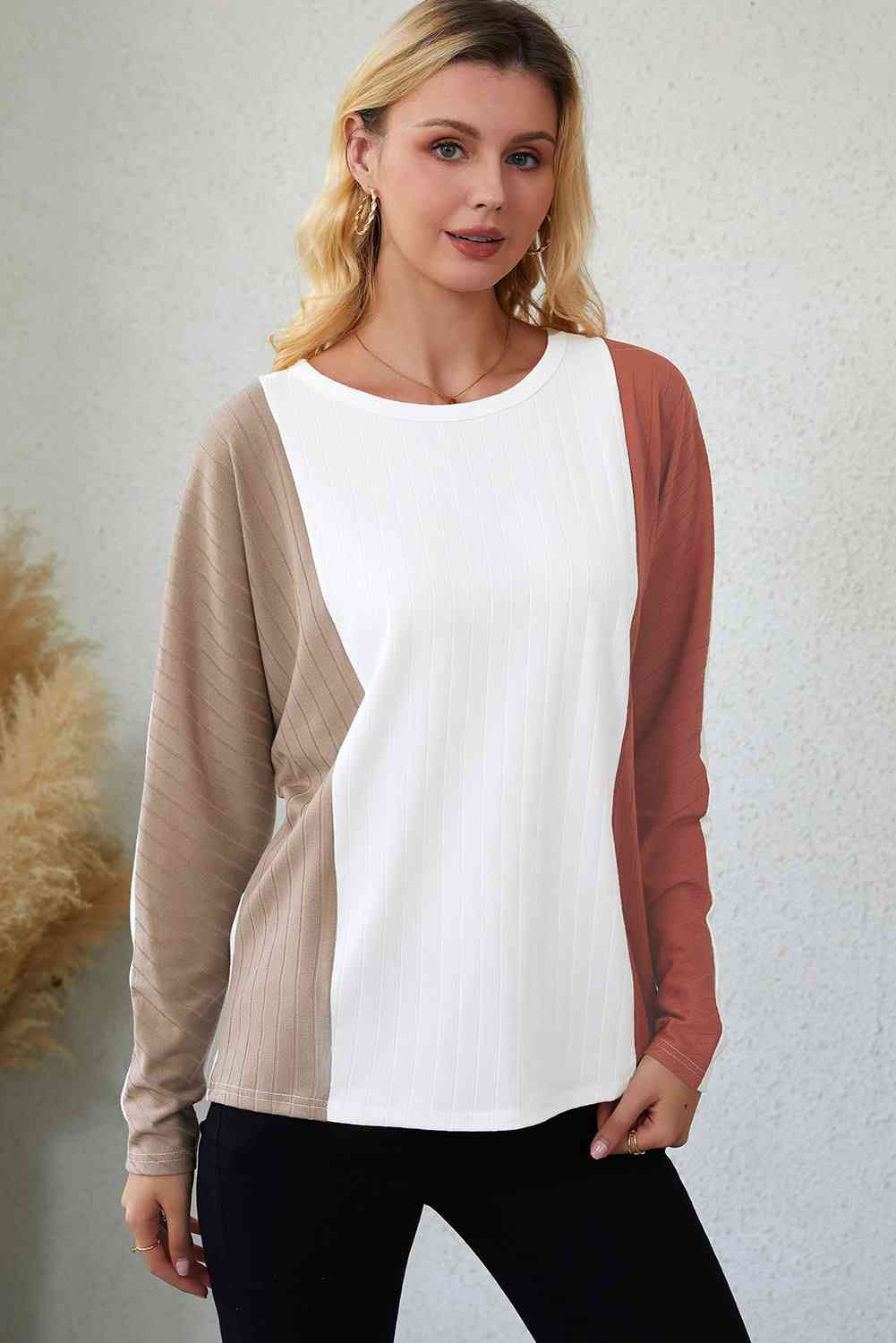 Color Block Khaki Brown Long Sleeve T-Shirt