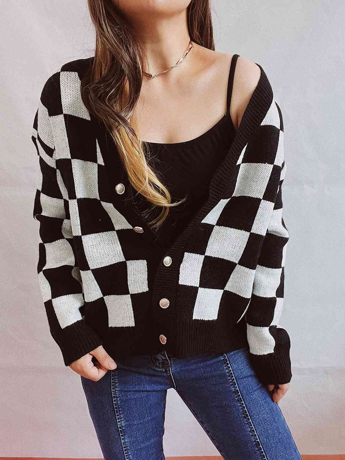 Checkered Open Front Button Up Cardigan