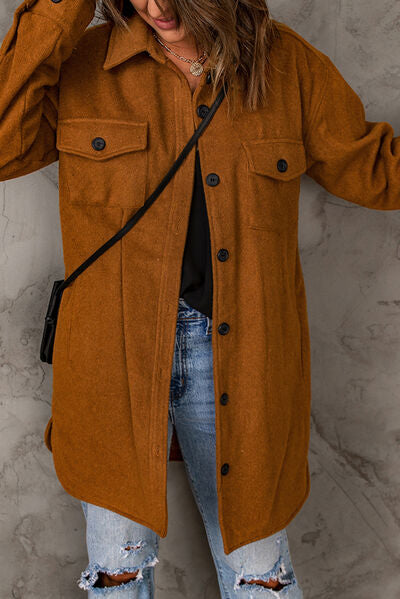 Chestnut Brown Pocketed Button Up Dropped Shoulder Jacket