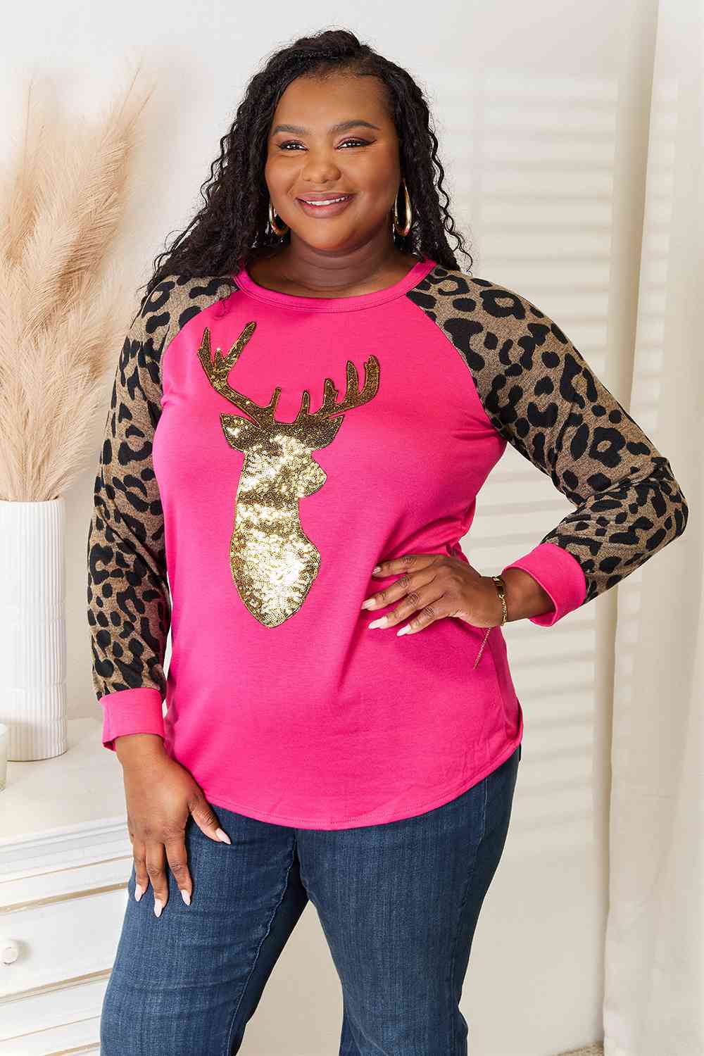 Heimish Full Size Animal Print Christmas Reindeer Top