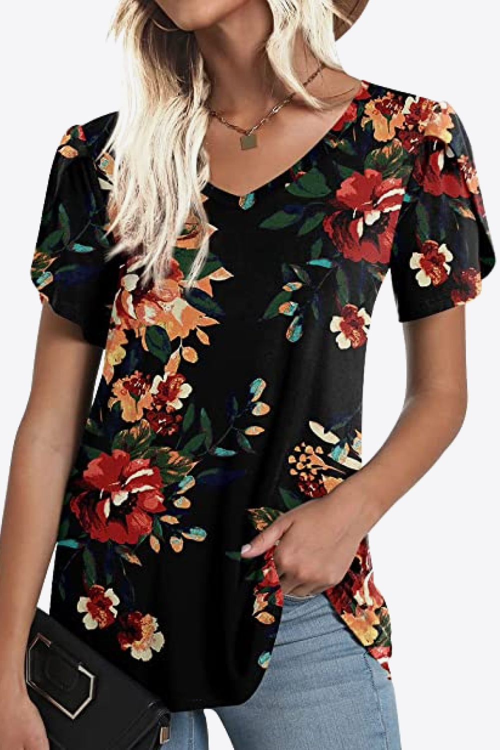 Full Size Printed Petal Sleeve V-Neck Blouse