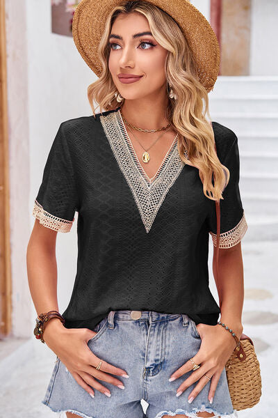 Eyelet V-Neck Short Sleeve T-Shirt