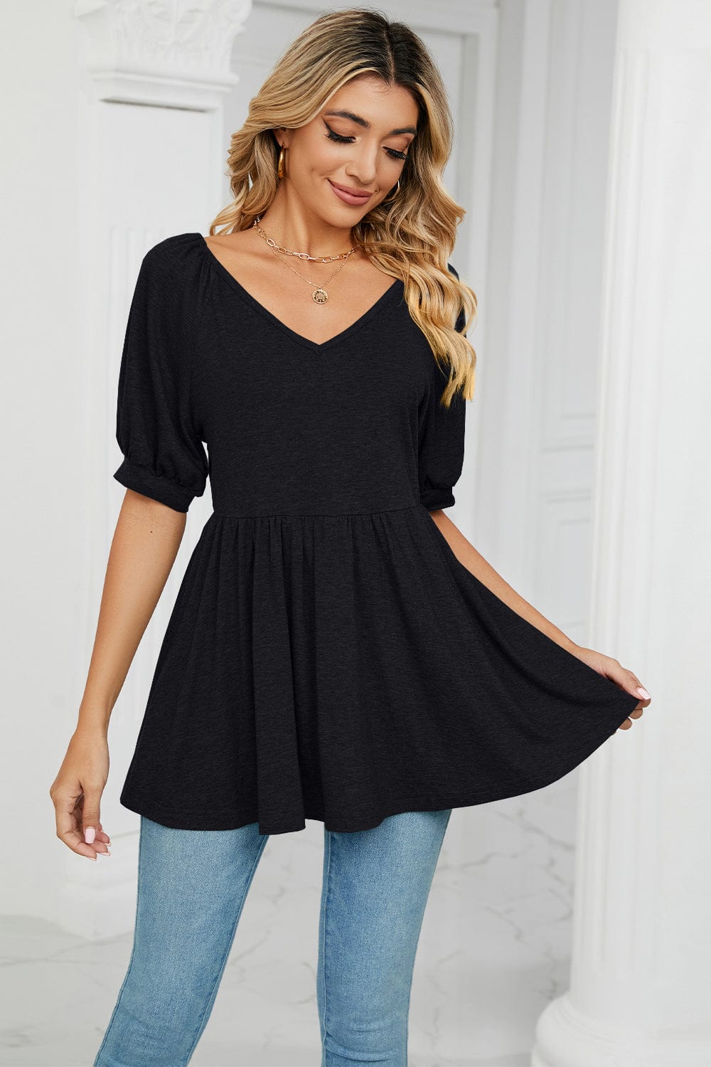 Full Size V-Neck Babydoll Top