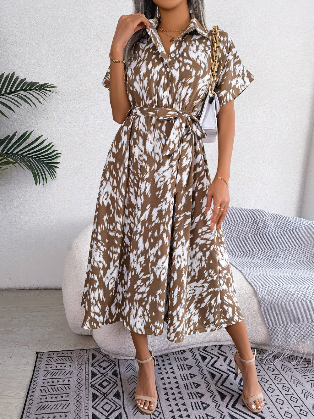 Penelope Printed Collared Neck Short Sleeve Tie Waist Dress