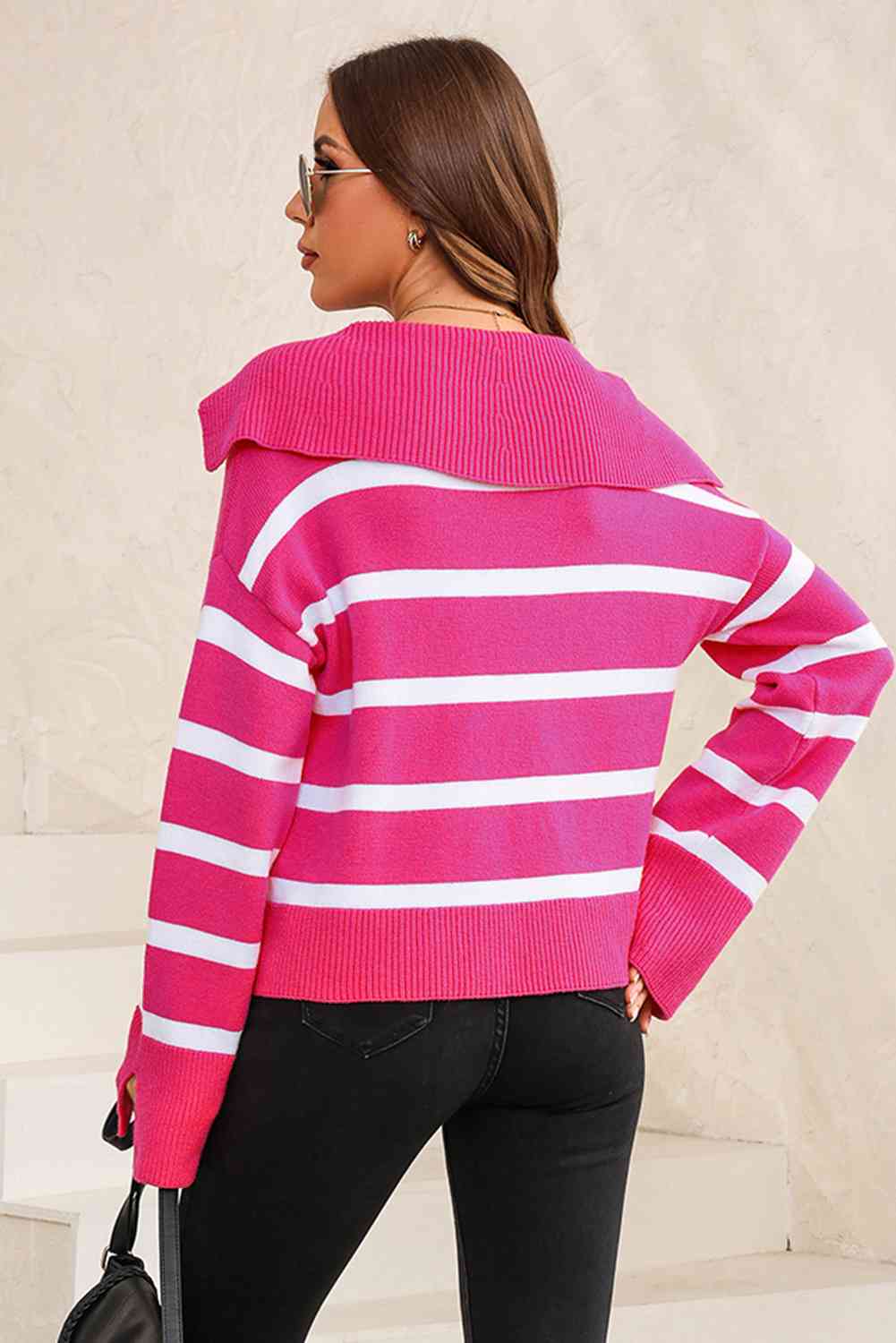 Full Size Striped Collared Neck Slit Sweater