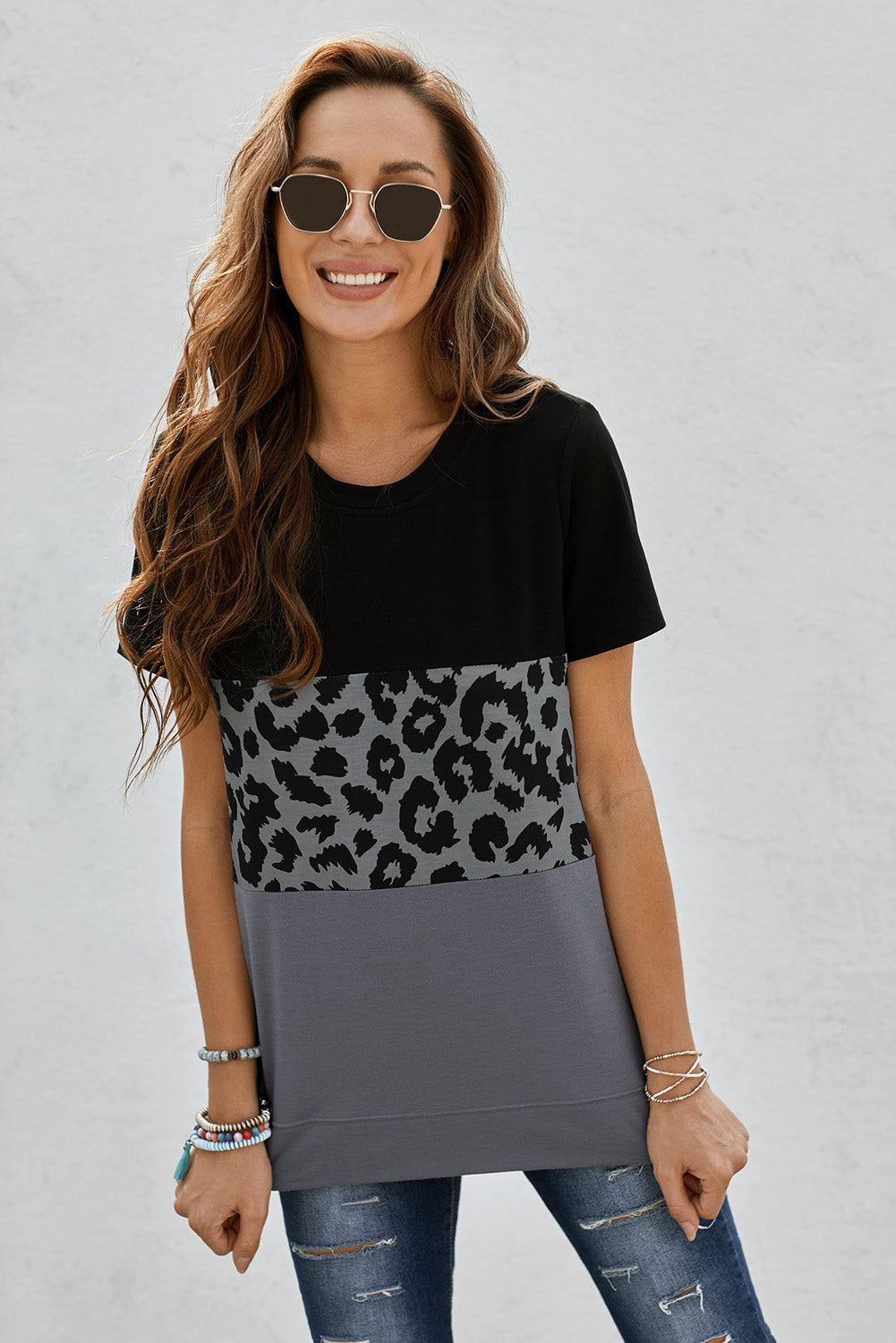 Full Size Leopard Print Color Block Short Sleeve T-Shirt