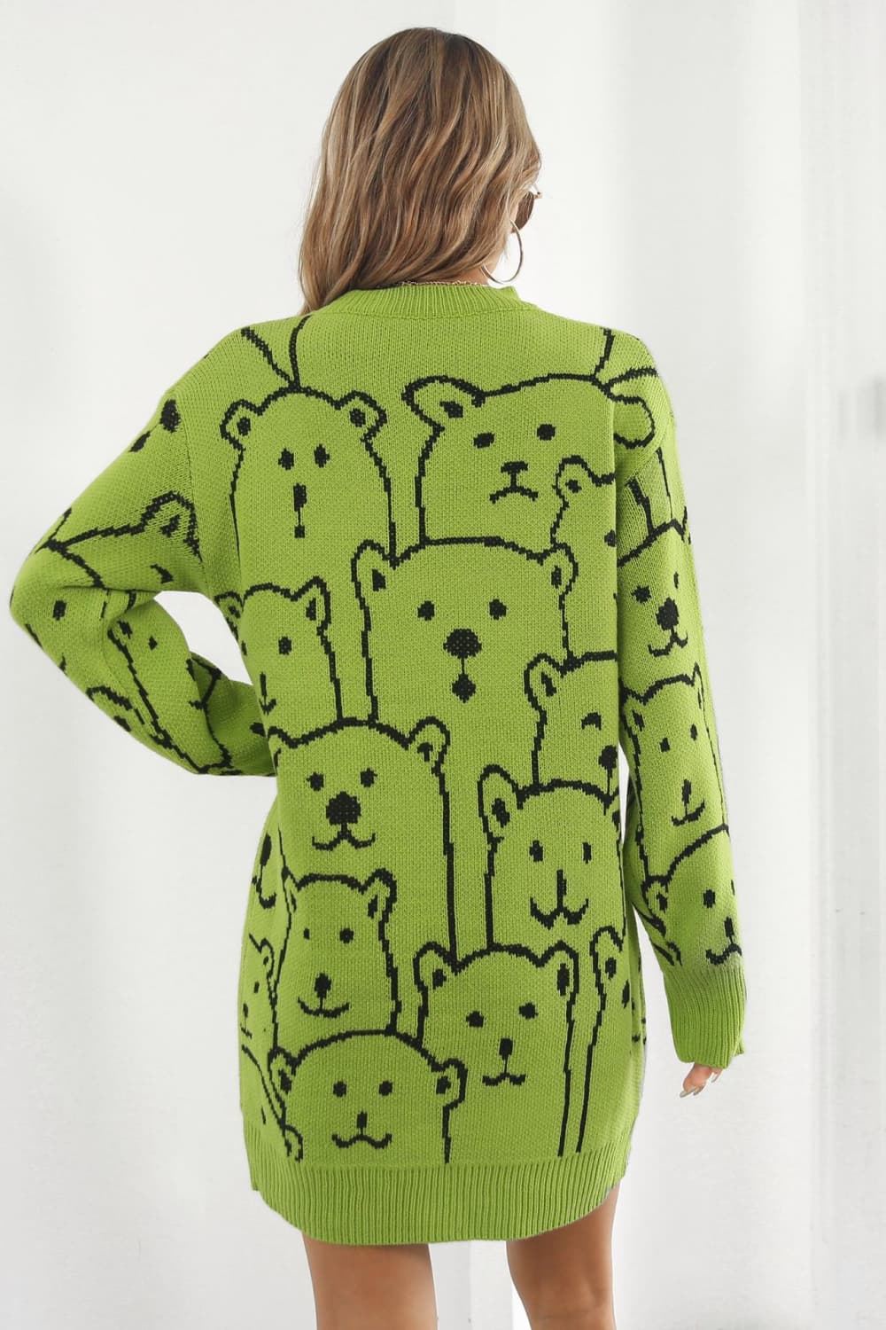 Athena Rea Bear Pattern Round Neck Sweater Dress