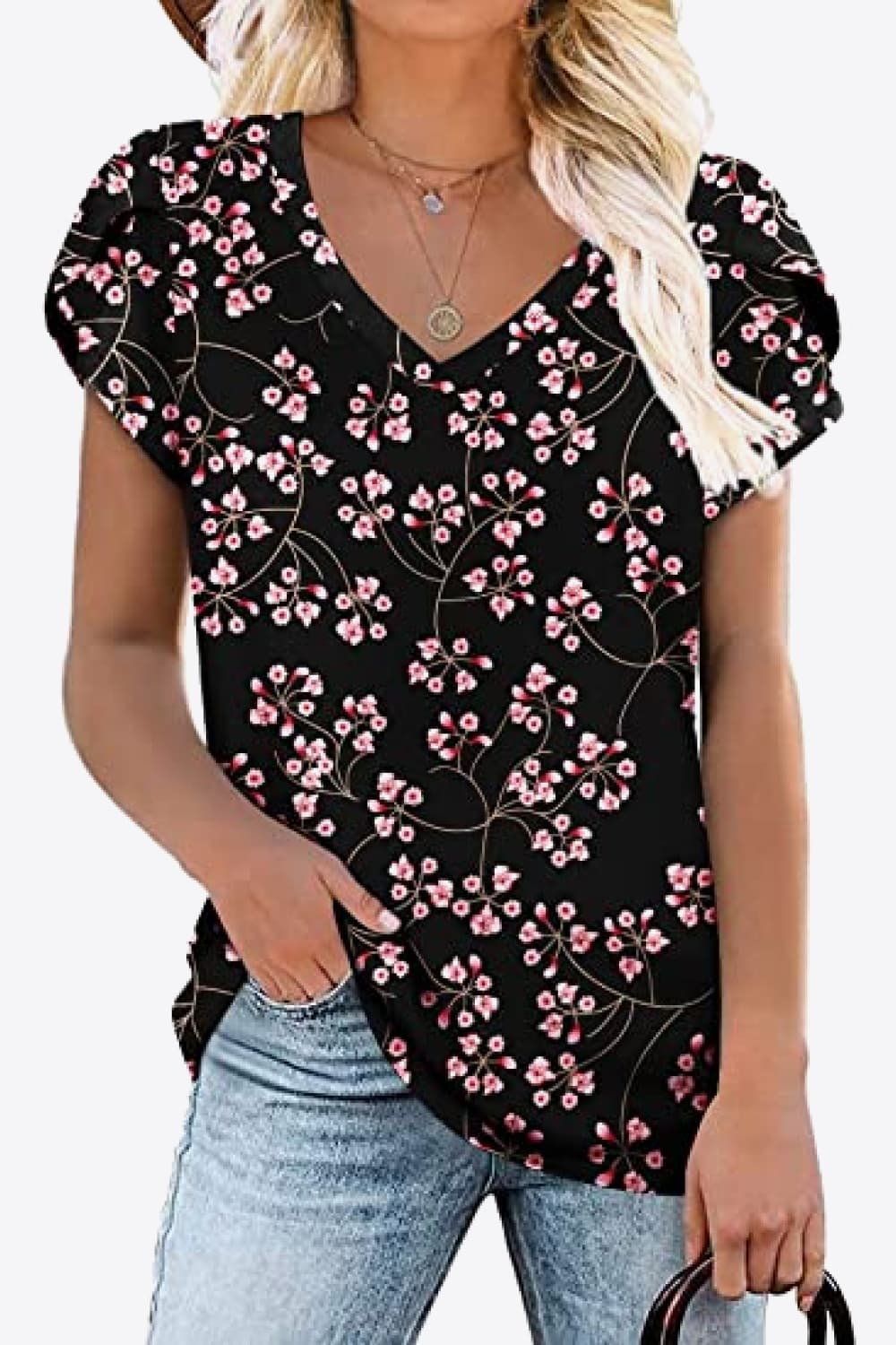 Full Size Printed Petal Sleeve V-Neck Blouse