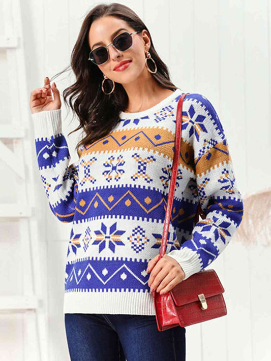 Christmas Snowflake Pattern Round Neck Sweater