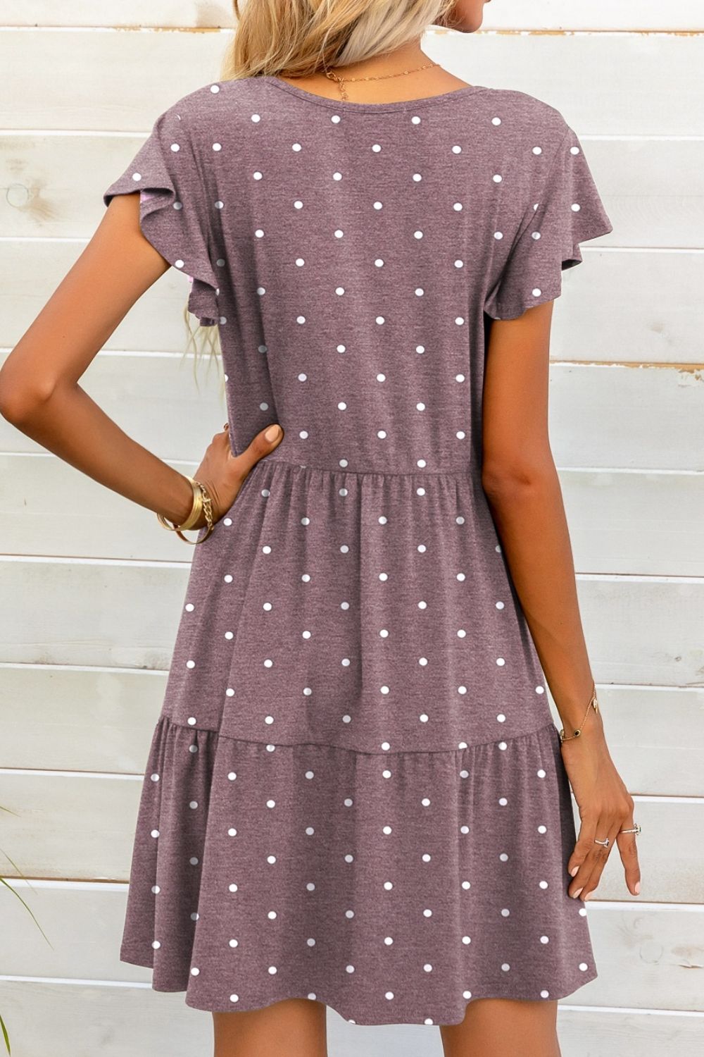 Full Size Polka Dot V-Neck Flutter Sleeve Mini Dress