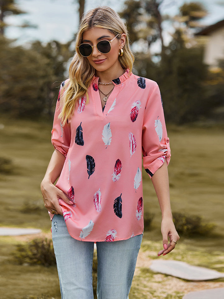 Full Size Printed Roll-Tab Sleeve Notched Neck Blouse