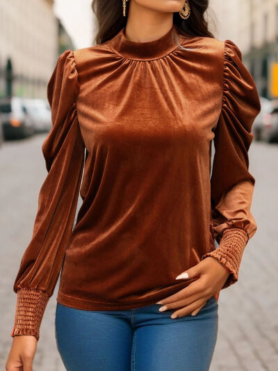 Women's HannahMea Ochre Tied Mock Neck Puff Sleeve Blouse