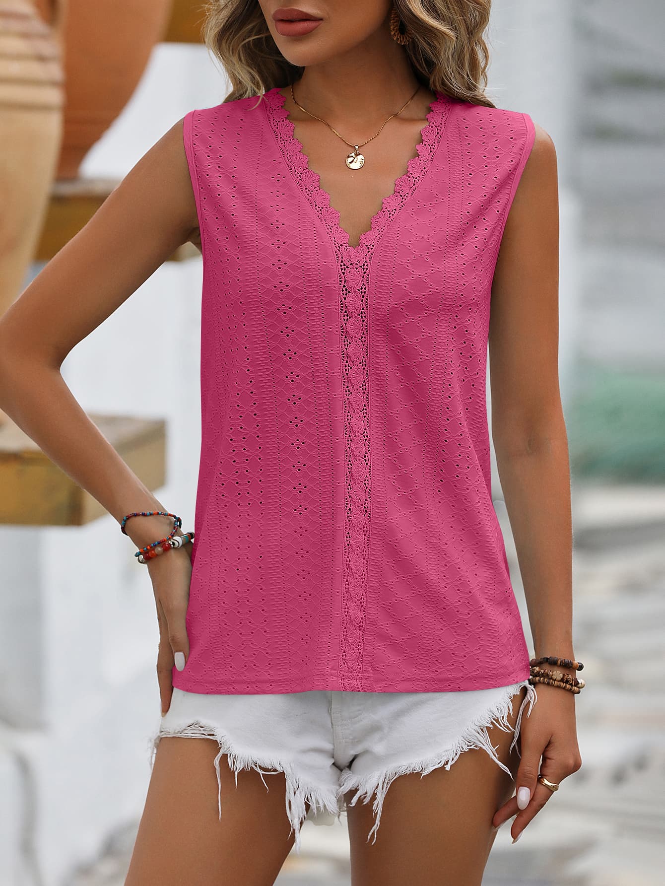 Full Size Spliced Lace V-Neck Sleeveless Tank