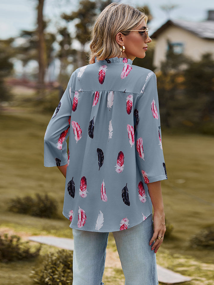 Full Size Printed Roll-Tab Sleeve Notched Neck Blouse