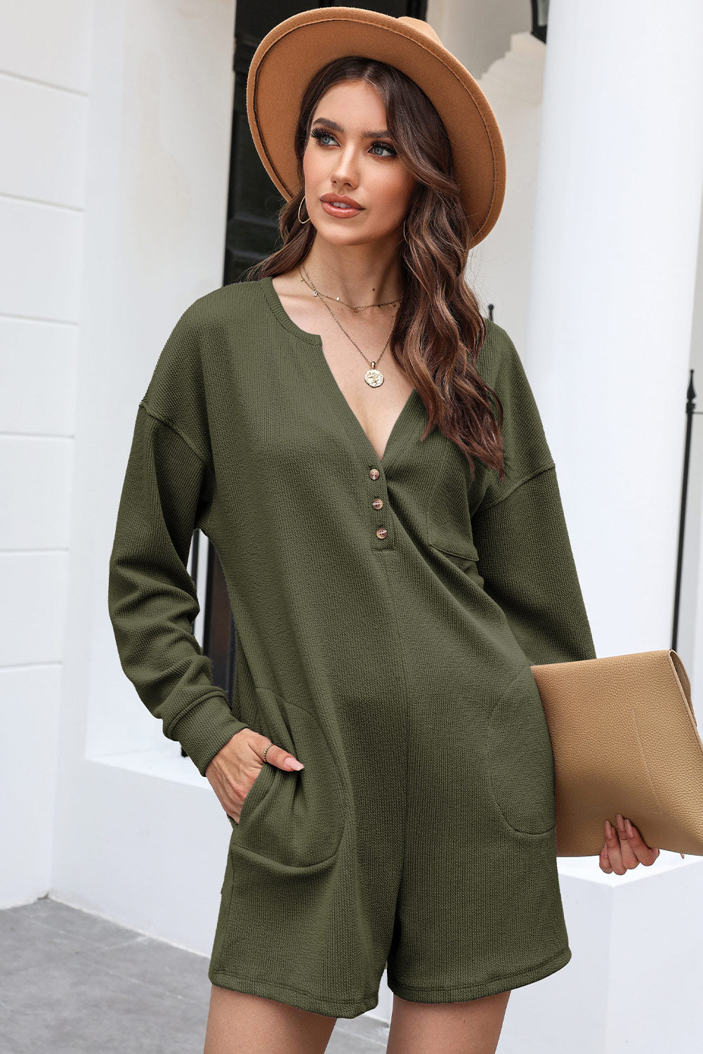 Adrienne Full Size Notched Neck Long Sleeve Romper