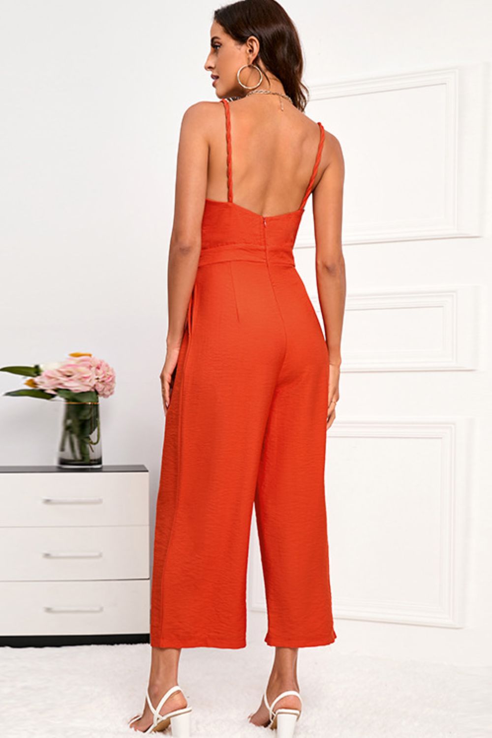 Double Crazy Spaghetti Strap Wide Leg Jumpsuit with Pockets