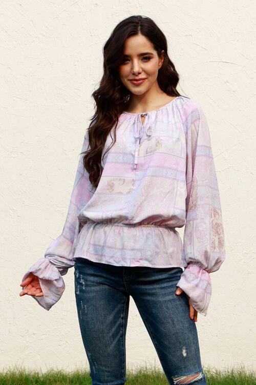 BeyondeBeauty Lavender Printed Tie Neck Flounce Sleeve Blouse