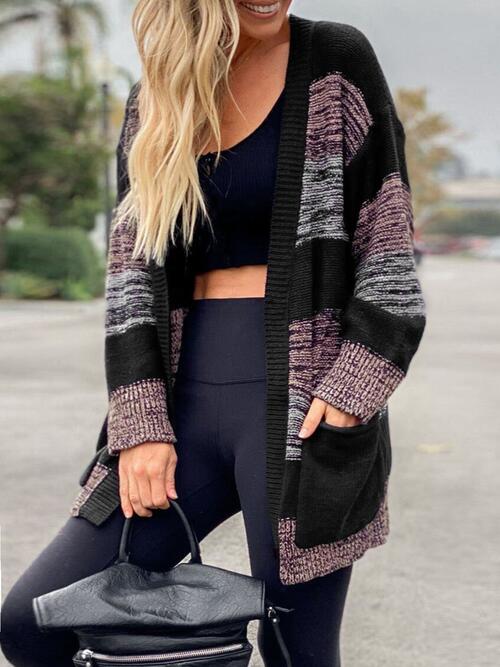 Striped Open Front Black Long Sleeve Cardigan with Pockets