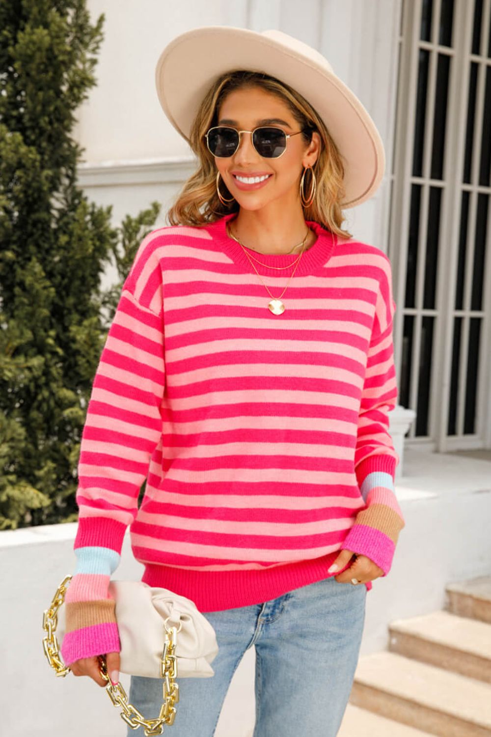 Malibu Dreams Warm Spice Striped Round Neck Sweater