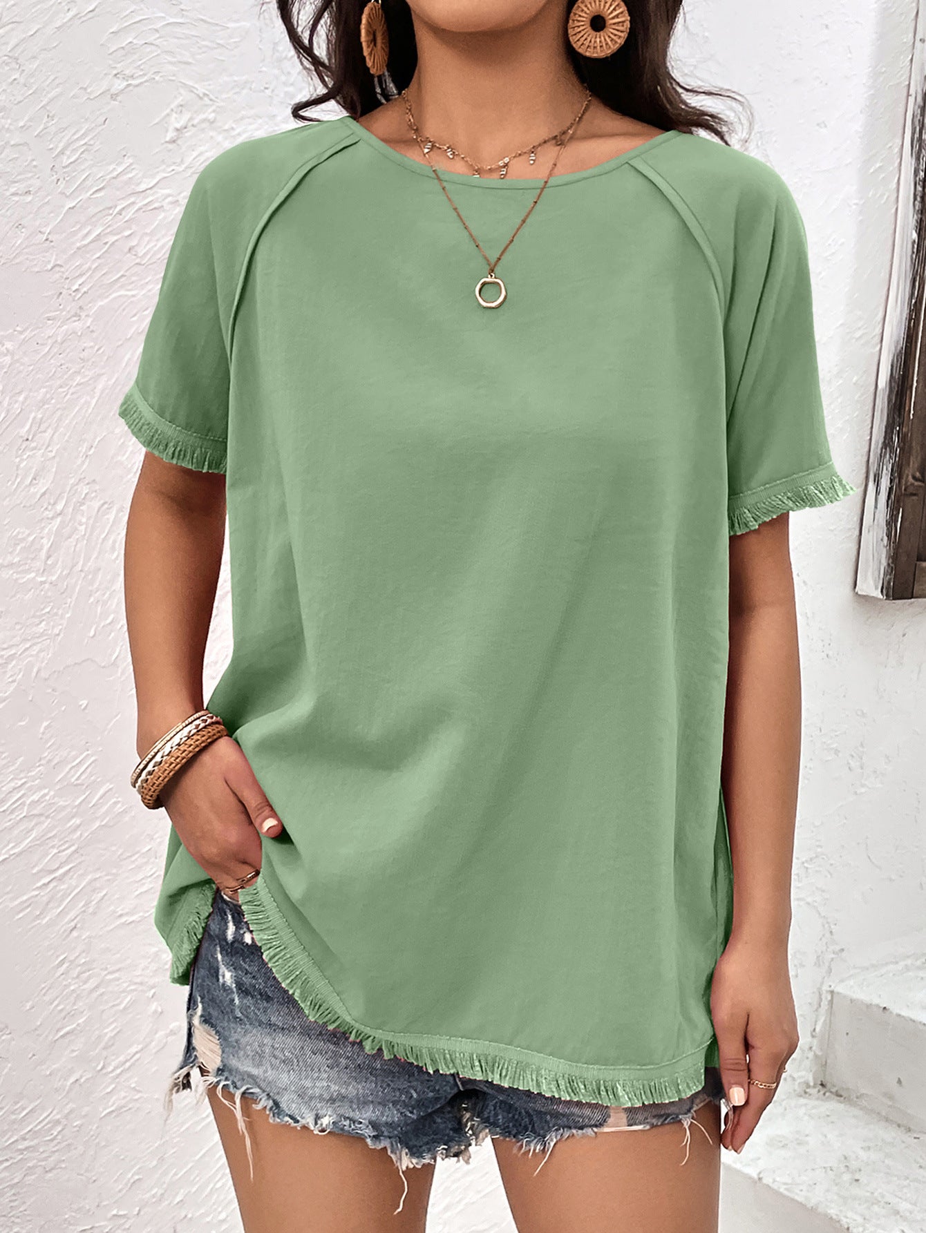 Women's Round Neck Raglan Sleeve Fringe Detail Top