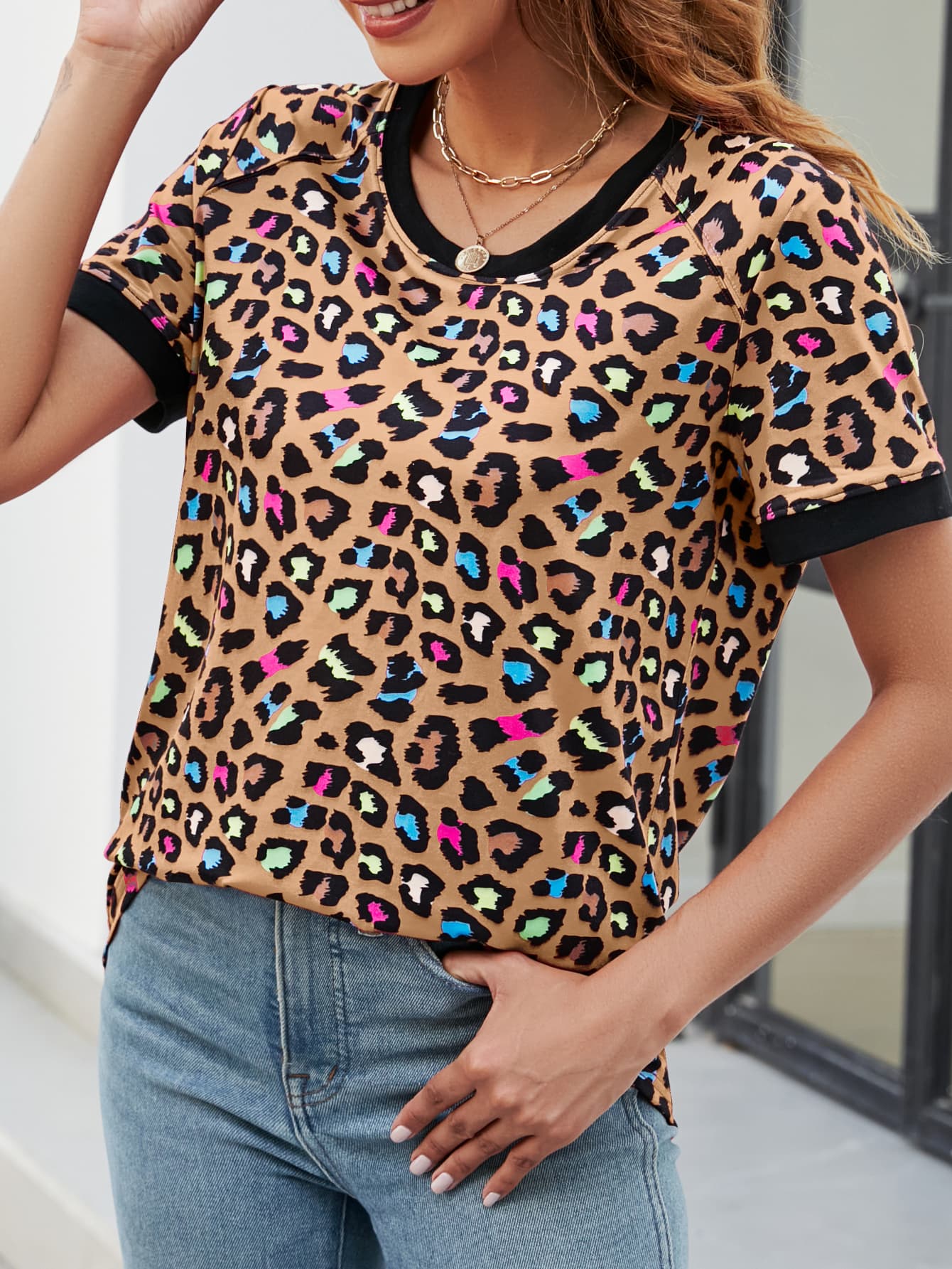 Women's Full Size Leopard Round Neck Short Sleeve Tee Shirt