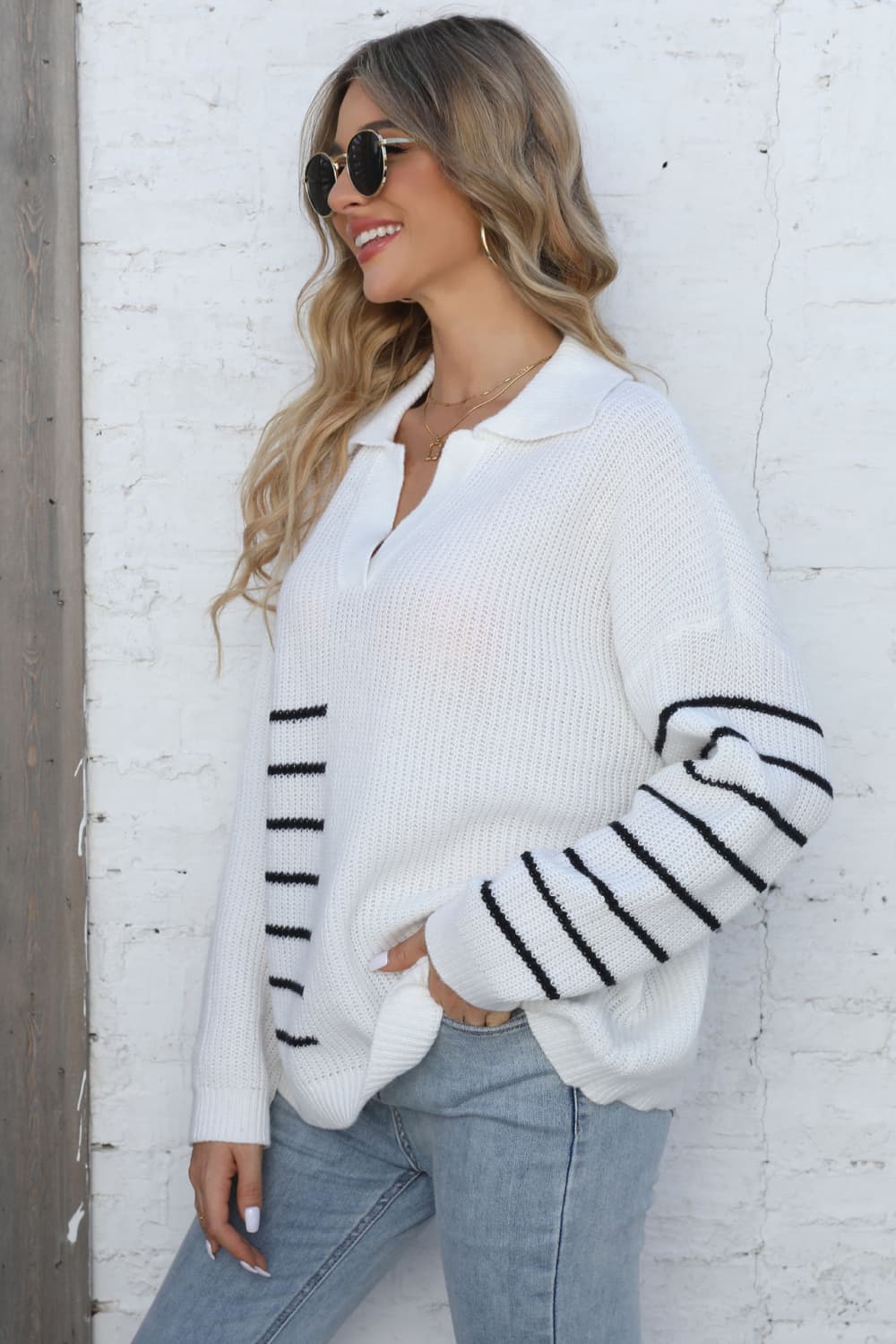 One Size Ribbed Notched Neck Striped Long Sleeve Sweater