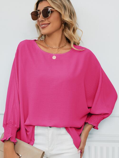 Smocked Lantern Sleeve Round Neck Blouse