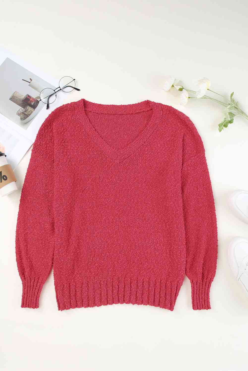 KnittedEmporium Full Size V-Neck Drop Shoulder Slit Sweater