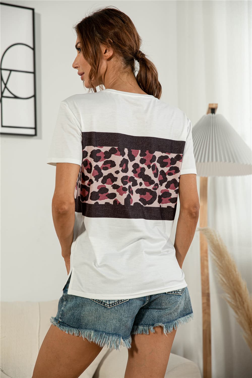 Leopard Color Block Side Slit Tee