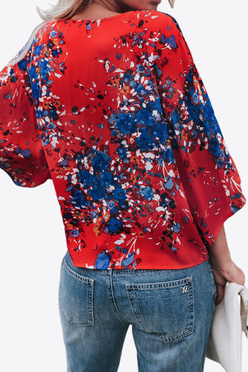 Full Size Printed Deep V Tie Hem Blouse