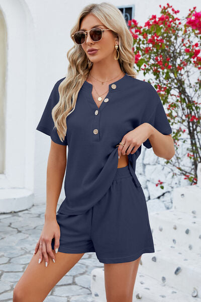 Adryane Jay Notched Button Detail Dropped Shoulder Top and Shorts Set