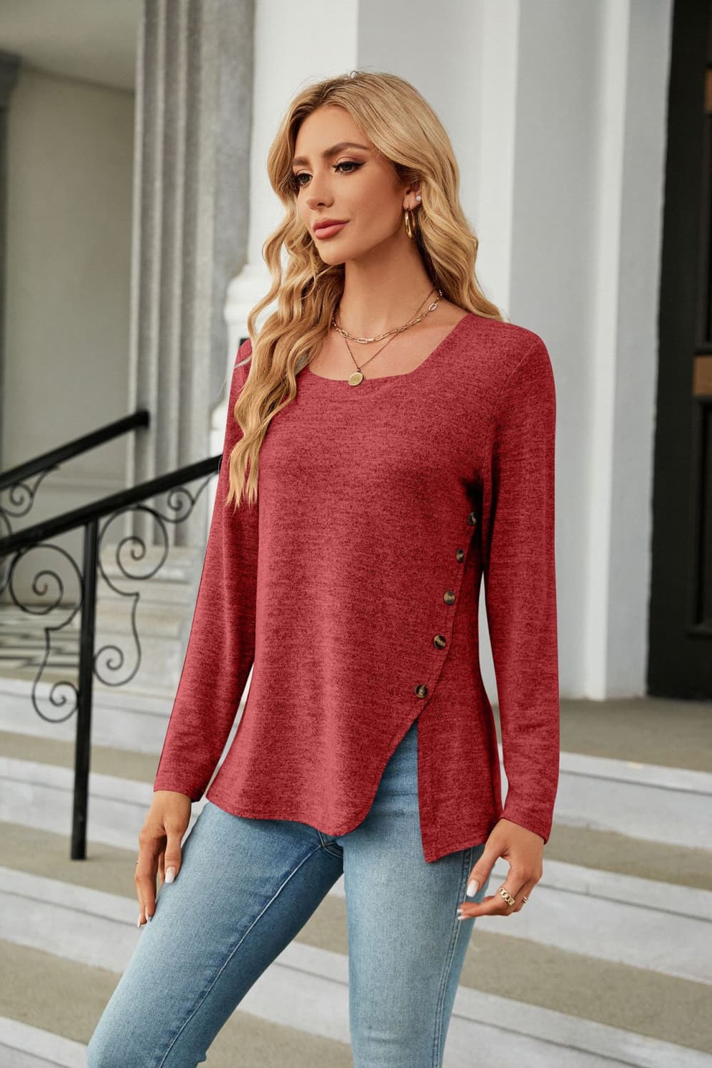 Full Size Square Neck Long Sleeve Slit T-Shirt