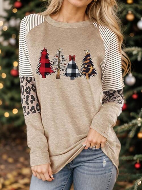 CHRISTMAS THEMED Christmas Tree Graphic Striped Tan Long Sleeve Sweatshirt