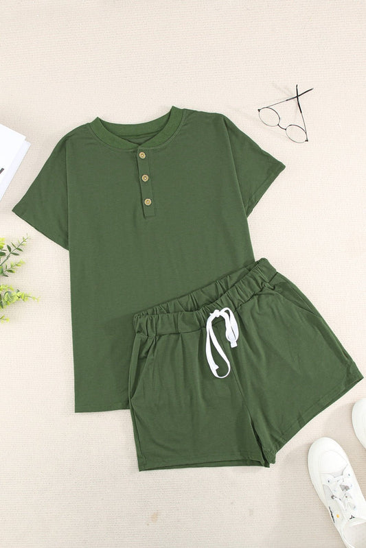 Full Size Quarter Button Short Sleeve Top and Shorts Lounge Set