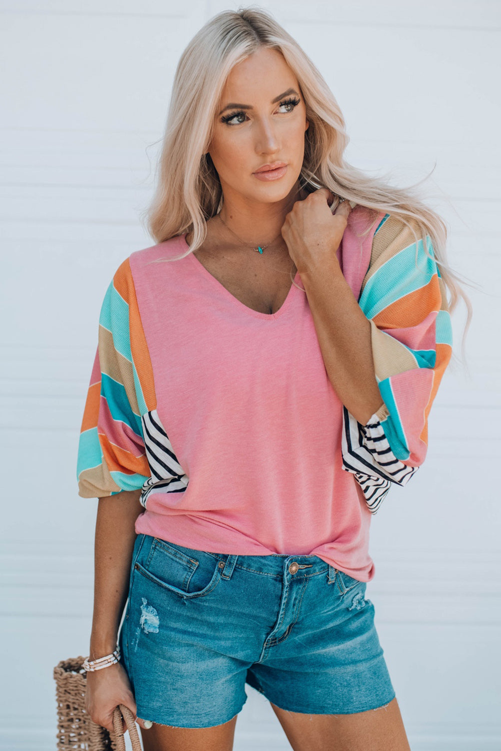 Malibu Dreams Full Size Striped Dolman Sleeve V-Neck Top