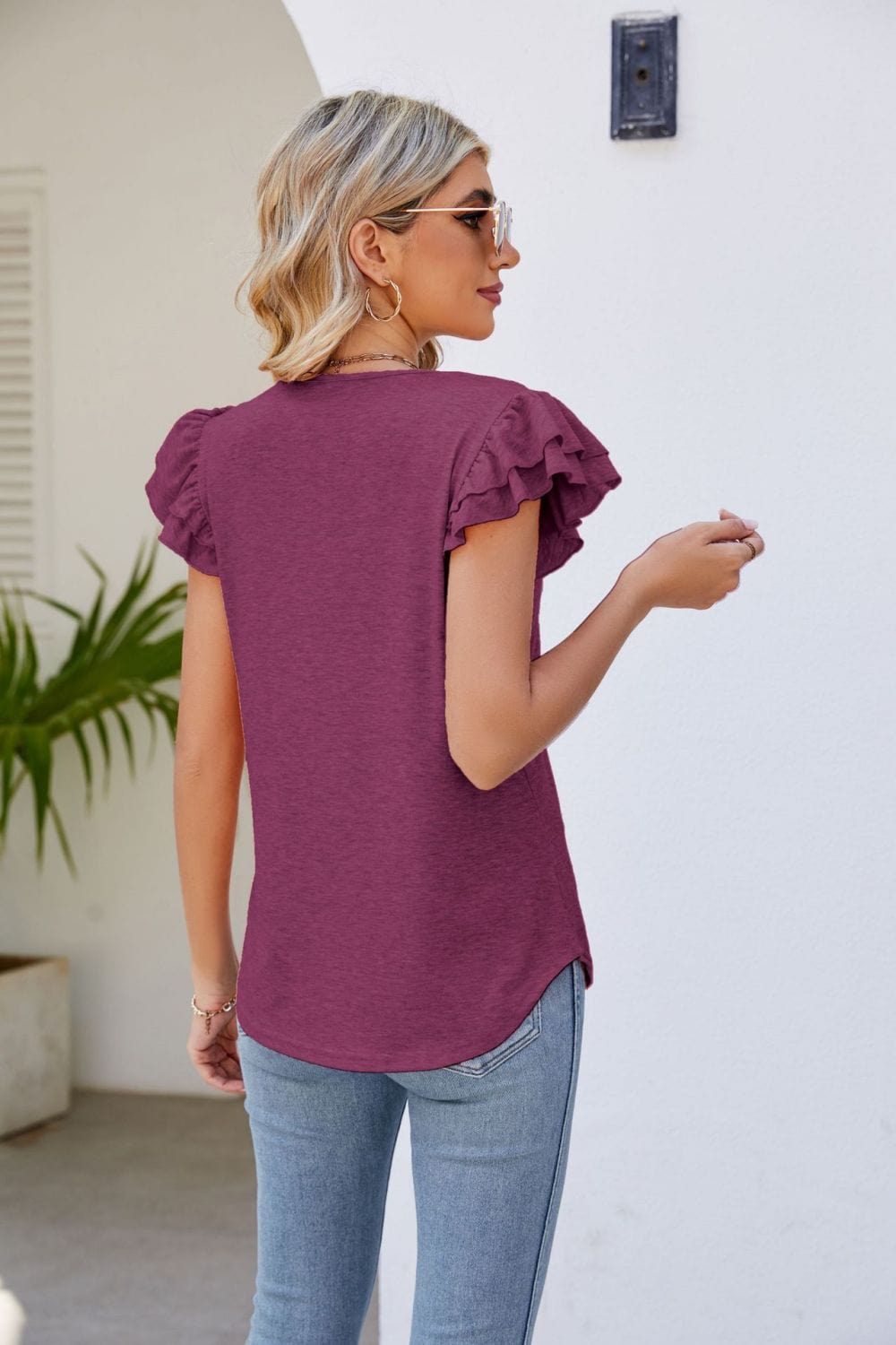 Full Size Smocked Flutter Sleeve V-Neck Top