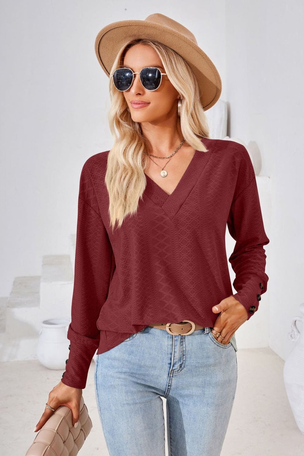 Full Size V-Neck Long Sleeve Blouse